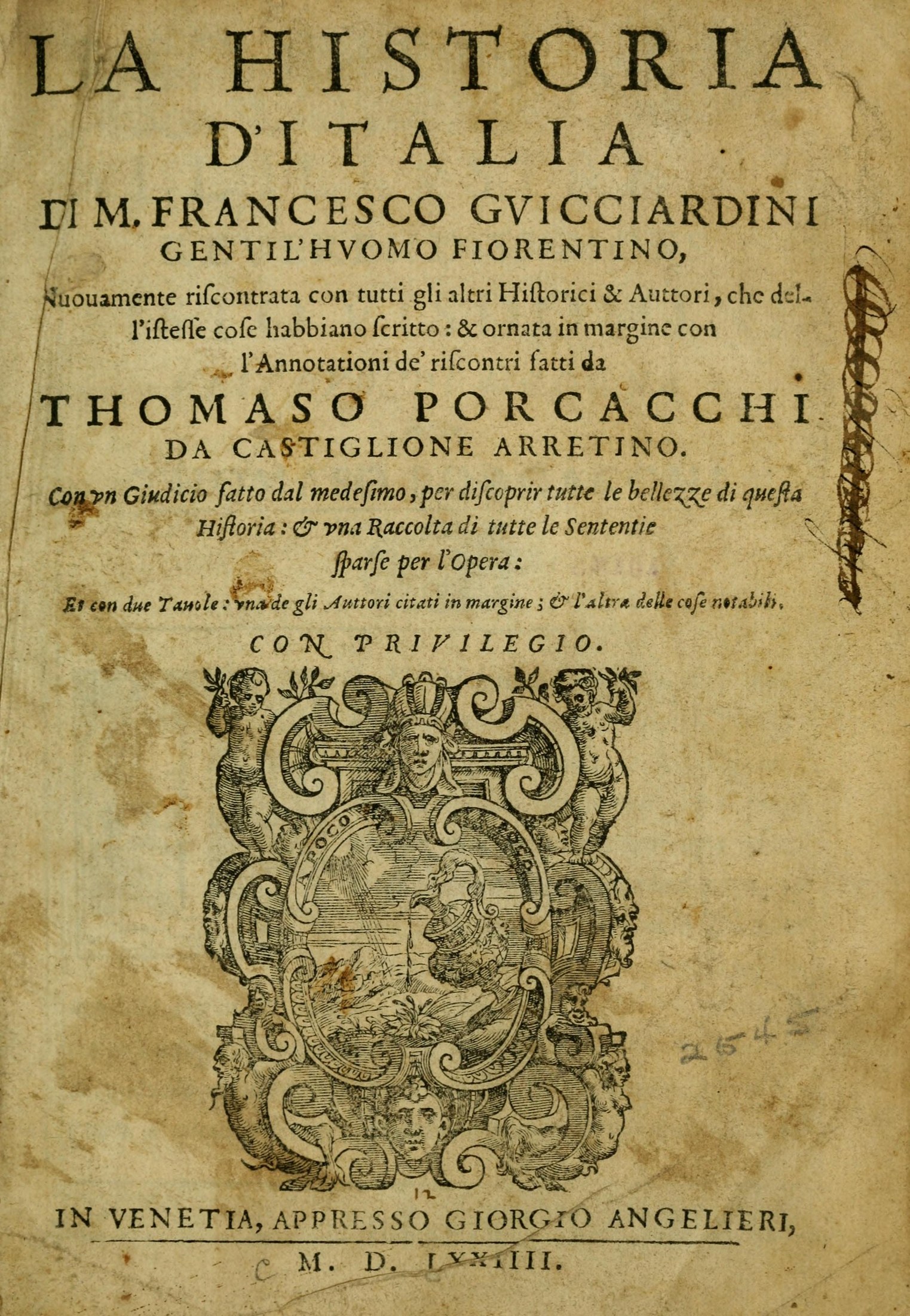 Guicciardini, History of Italy, 1574 Venice edition title page / 圭恰尔迪尼《意大利史》1574 年威尼斯版扉页