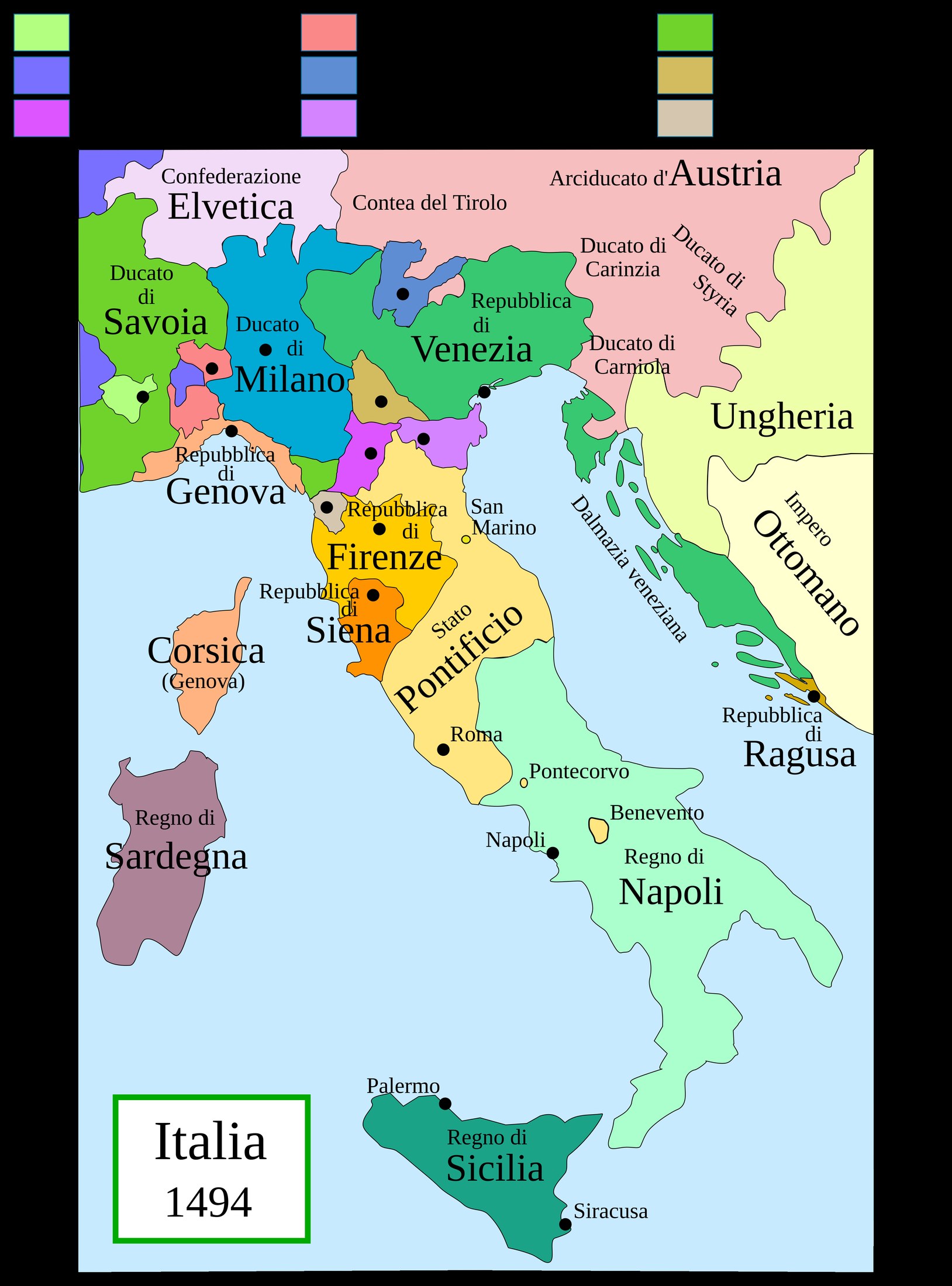 Modern reconstruction map of the Italian states, 1494 / 1494 年意大利诸邦现代重建图